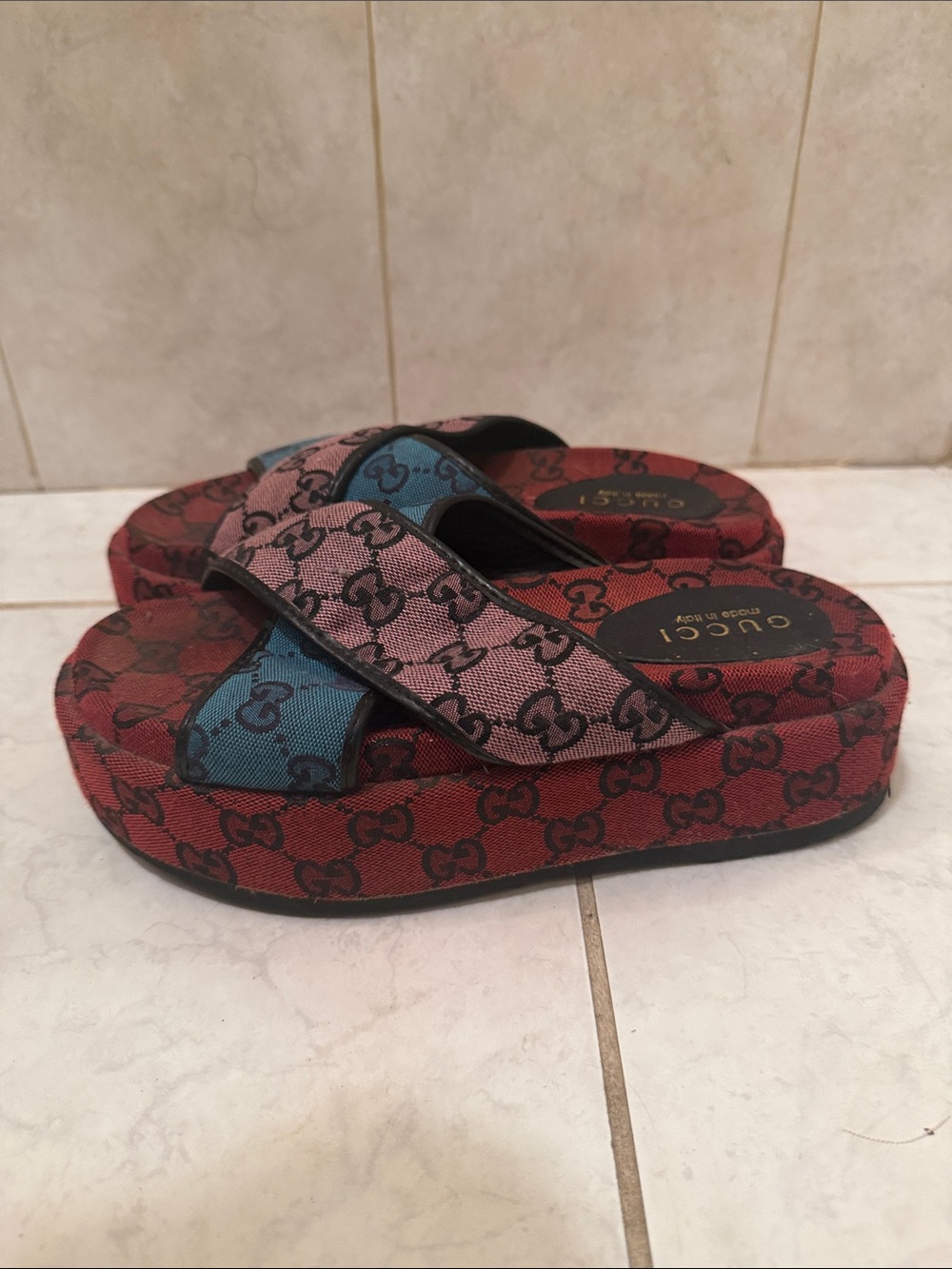 Gucci Women’s Colorblock GG Cross-Strap Sandals - Pink Blue Red